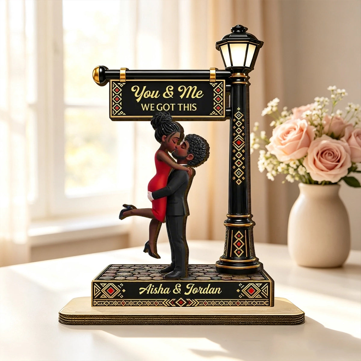 Personalized 2-Layer Wooden Plaque with Black & Gold Couple Embrace, Unique Gift for Couple