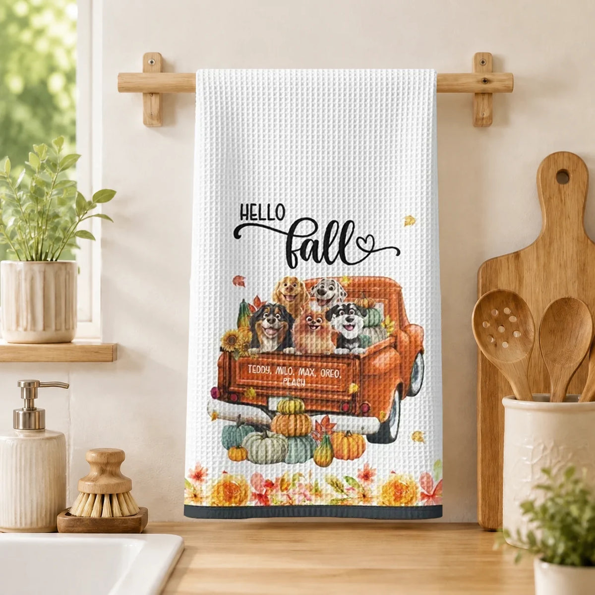 Personalized Kitchen Towel, Hello Fall Dogs Riding in a Vintage Pumpkin Truck, Unique Gift for Dog Lovers