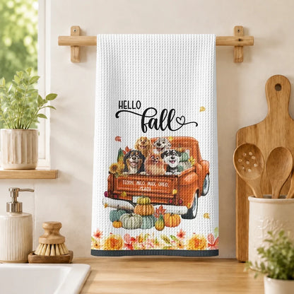Personalized Kitchen Towel, Hello Fall Dogs Riding in a Vintage Pumpkin Truck, Unique Gift for Dog Lovers