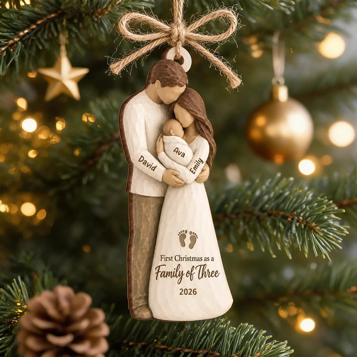 Personalized Wooden Ornament, Parents Cradling Baby, Unique Christmas Tree Gift for New Parents