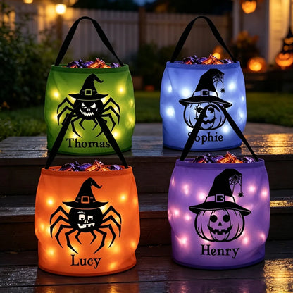 LED Light Up Fabric Basket, Personalized Spider and Pumpkin Keepsake for Trick or Treating, Creative Kids Gift