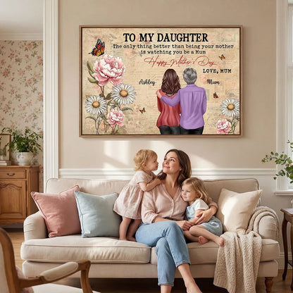 Personalized Mother's Day Floral Poster, Mom and Daughter Hugging Back View, Vintage Look, Unique Gift for Mom