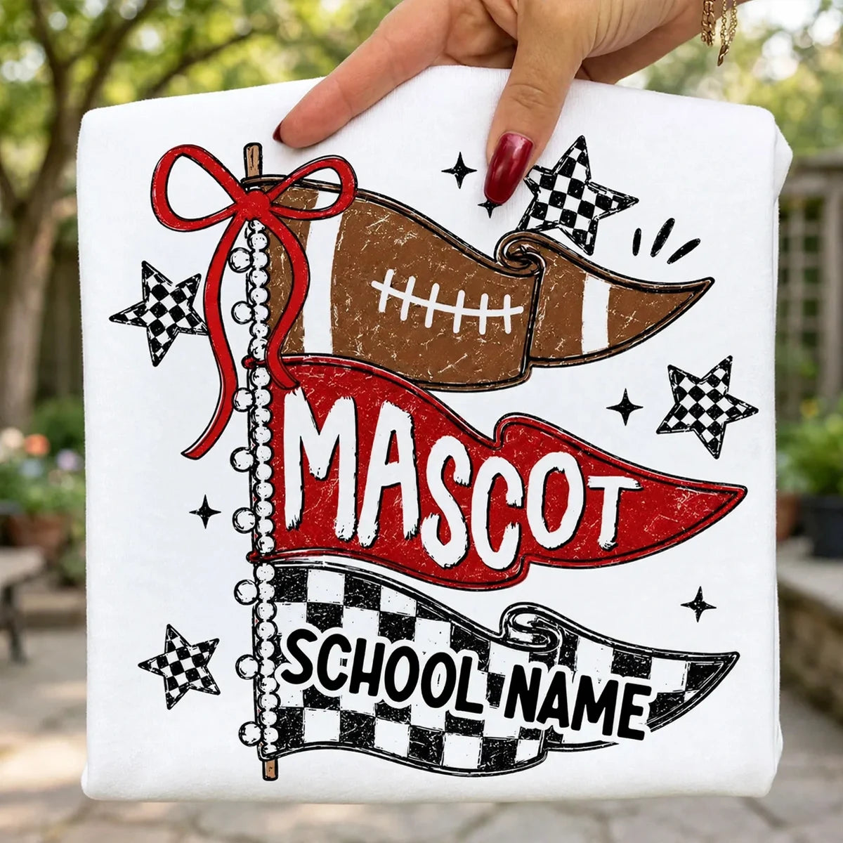 Custom Classic Tee with Red Football Pennants and Checkered Stars, Creative Game Day Gift for School Sports Fans