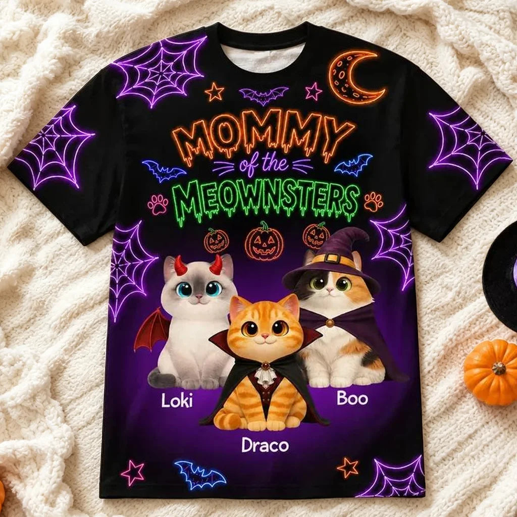 Personalized Printed Classic Tee, Neon Halloween Cats in Costumes, Unique Gift for Cat Mom