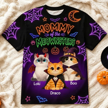 Personalized Printed Classic Tee, Neon Halloween Cats in Costumes, Unique Gift for Cat Mom