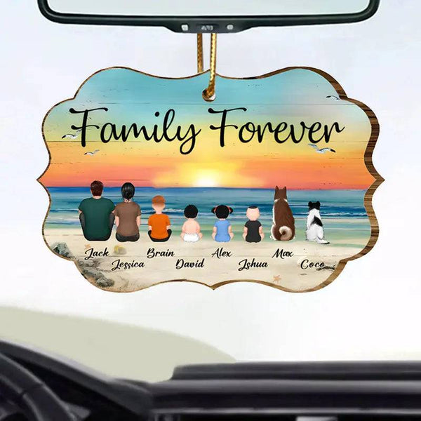 "Beach Landscape Family Sitting Back View Wooden Or Acrylic Car Hanger, Perfect Gift for Father's Day, for Dad or Grandpa"