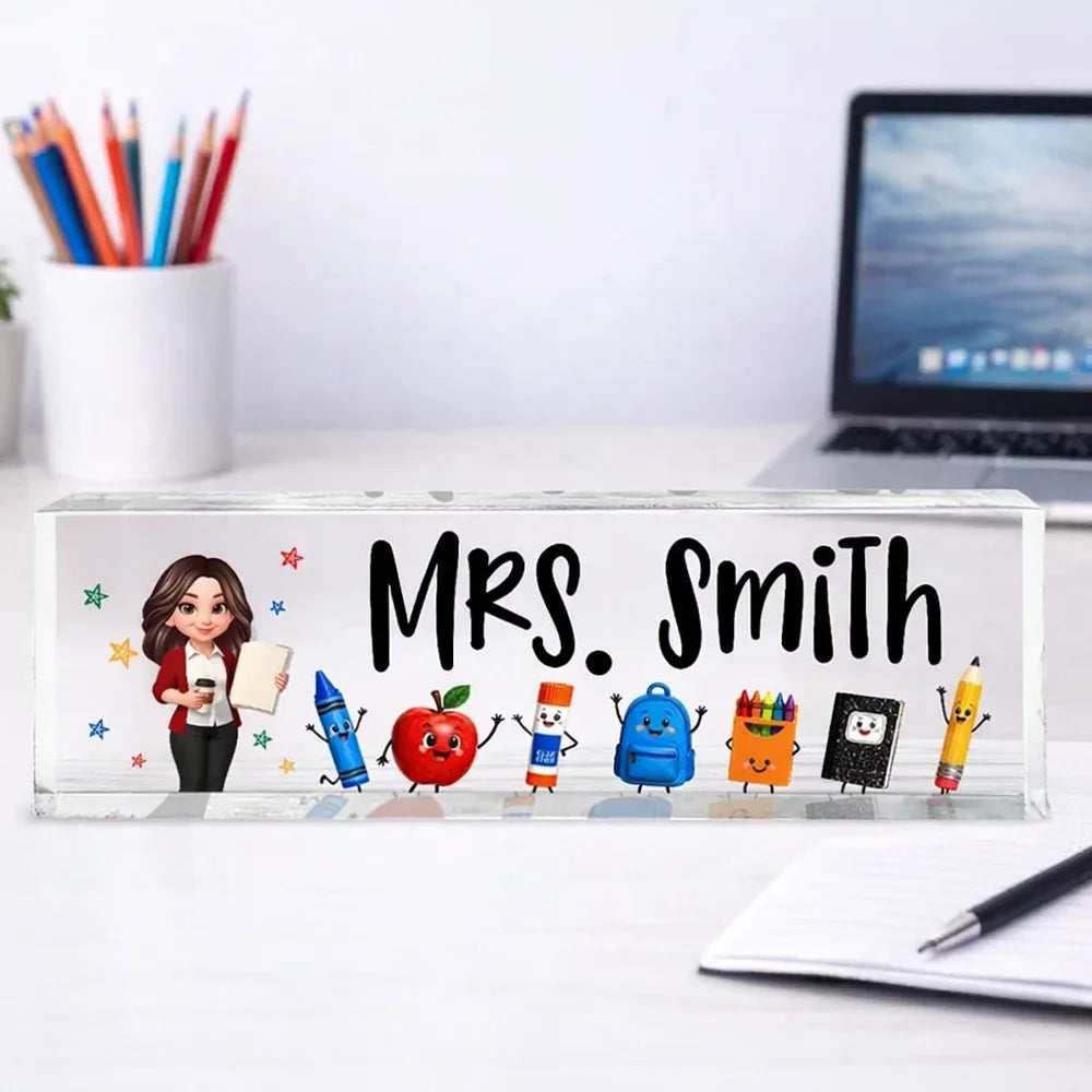 Personalized Rectangle Acrylic Block Plaque, Teacher Holding Coffee, Colorful School Supplies, Unique Teacher Gift