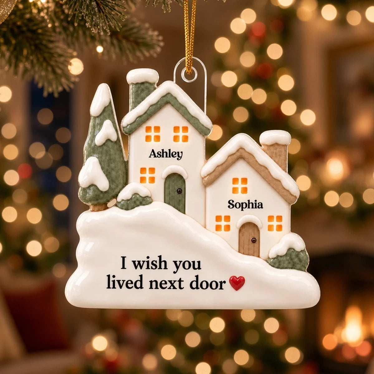 Personalized Acrylic Ornament with Snowy Neighboring Houses, Unique Gift for a Long-Distance Friend