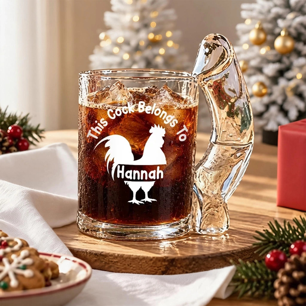 Personalized Glass Mug, This Cock Belongs To Rooster Design, Unique Christmas Gift for Husband or Boyfriend