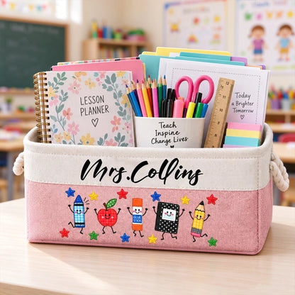 Personalized Cotton Linen Rope Basket, Cheerful School Supply Art for Classroom Organization, Unique Teacher Gift