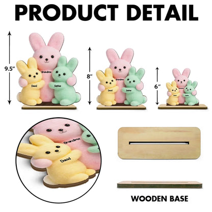 Personalized 2-Layer Wooden Plaque with Grandma & Grandkids Bunnies, Pastel Easter Table Decor, Unique Gift for Grandma