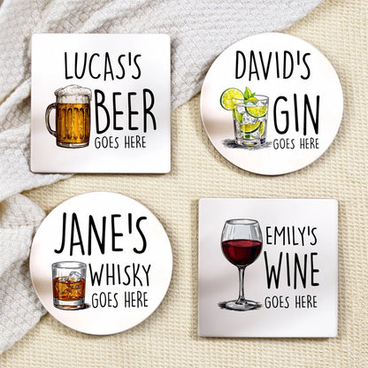 Personalized Round Ceramic Coaster with Custom Drink Text and Cocktail Illustration, Funny Bar Cart Decor, Unique Gift for Him or Her