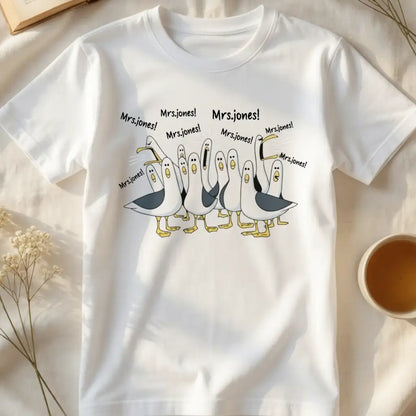 Personalized Classic Tee with Funny Seagulls, Unique Teacher Appreciation Gift in Vibrant Pink