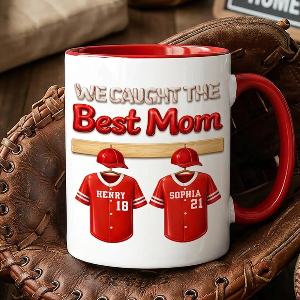 Personalized Baseball Mom Two-Tone Mug 'We Caught The Best Mom' Jersey Design - Unique Gift for Mom