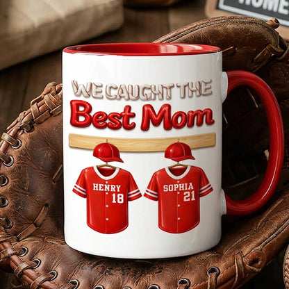 Personalized Baseball Mom Two-Tone Mug 'We Caught The Best Mom' Jersey Design - Unique Gift for Mom
