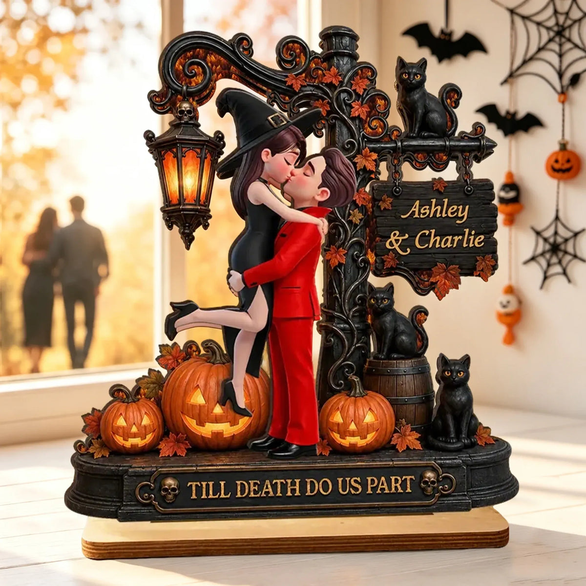 Personalized 2-Layer Wooden Plaque, Kissing Couple with Pumpkins & Black Cats, Creative Gift for Couple