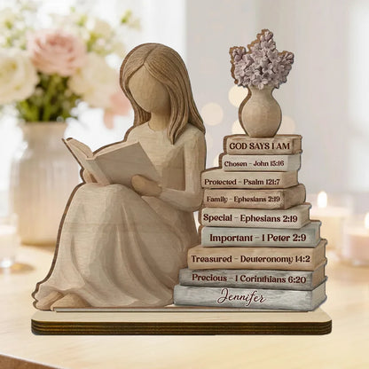 Personalized 2-Layer Wooden Plaque God Says I Am Book Stack Design for Nursery or Living Room, Unique Faith Gift for Her