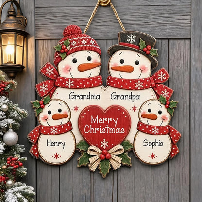 Personalized Wooden Sign, Gathered Snowman Family Christmas Door Decor, Unique Gift for Grandma & Grandpa