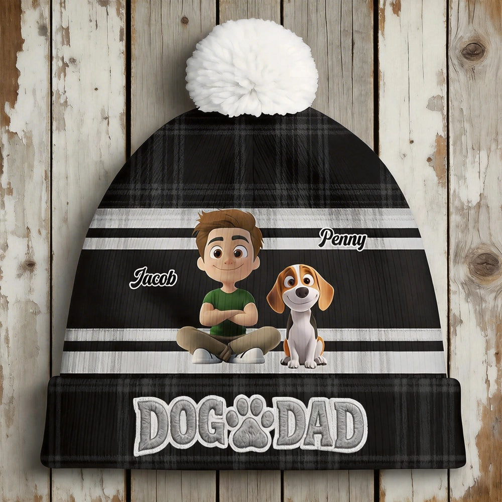 Dog Dad Bobble Beanie Hat, Custom Cartoon Owner Sitting with Pup on Black Plaid, Cozy Everyday Gift