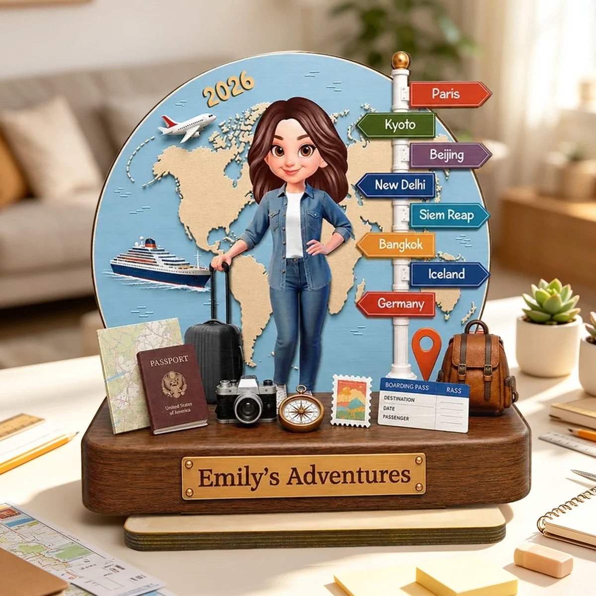 Personalized 2-Layer Wooden Plaque, Cartoon Traveler by a Blue World Map, Unique Gift for Travel Lovers