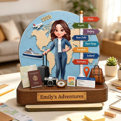 Personalized 2-Layer Wooden Plaque, Cartoon Traveler by a Blue World Map, Unique Gift for Travel Lovers