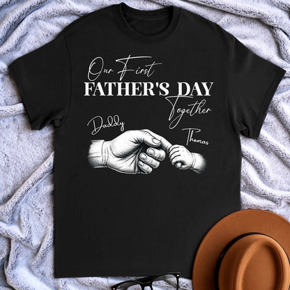 Our First Father's Day Together Classic Tee, Custom Dad Shirt with Baby Hand Art, Creative Gift