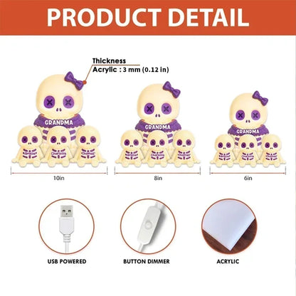 Personalized Acrylic Light Box, Cute Skeleton Grandma & Grandkids Halloween Decor, Unique Gift