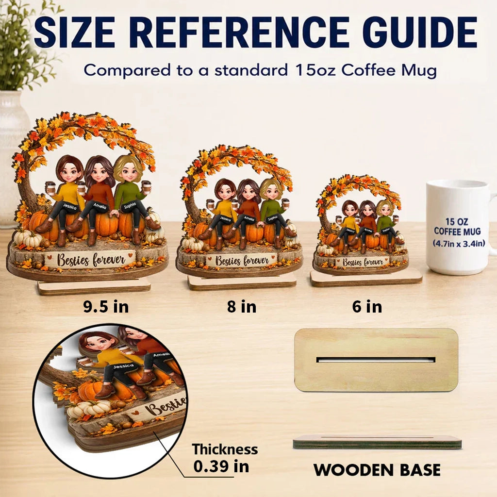 Personalized 2-Layer Wooden Plaque, Sitting Friends With Coffee, Autumn Pumpkin Scene, Unique Gift For Close Friends