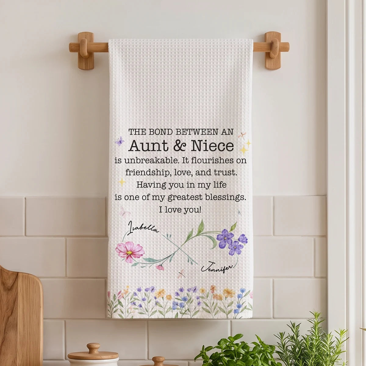 Personalized Kitchen Towel with Aunt and Niece Bond Quote, Creative Floral Gift for Her