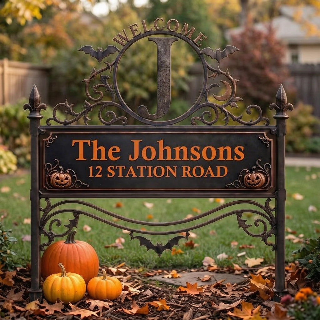 Personalized Metal Garden Stake With Welcome Monogram, Halloween Yard Decor, Unique Gift for Families