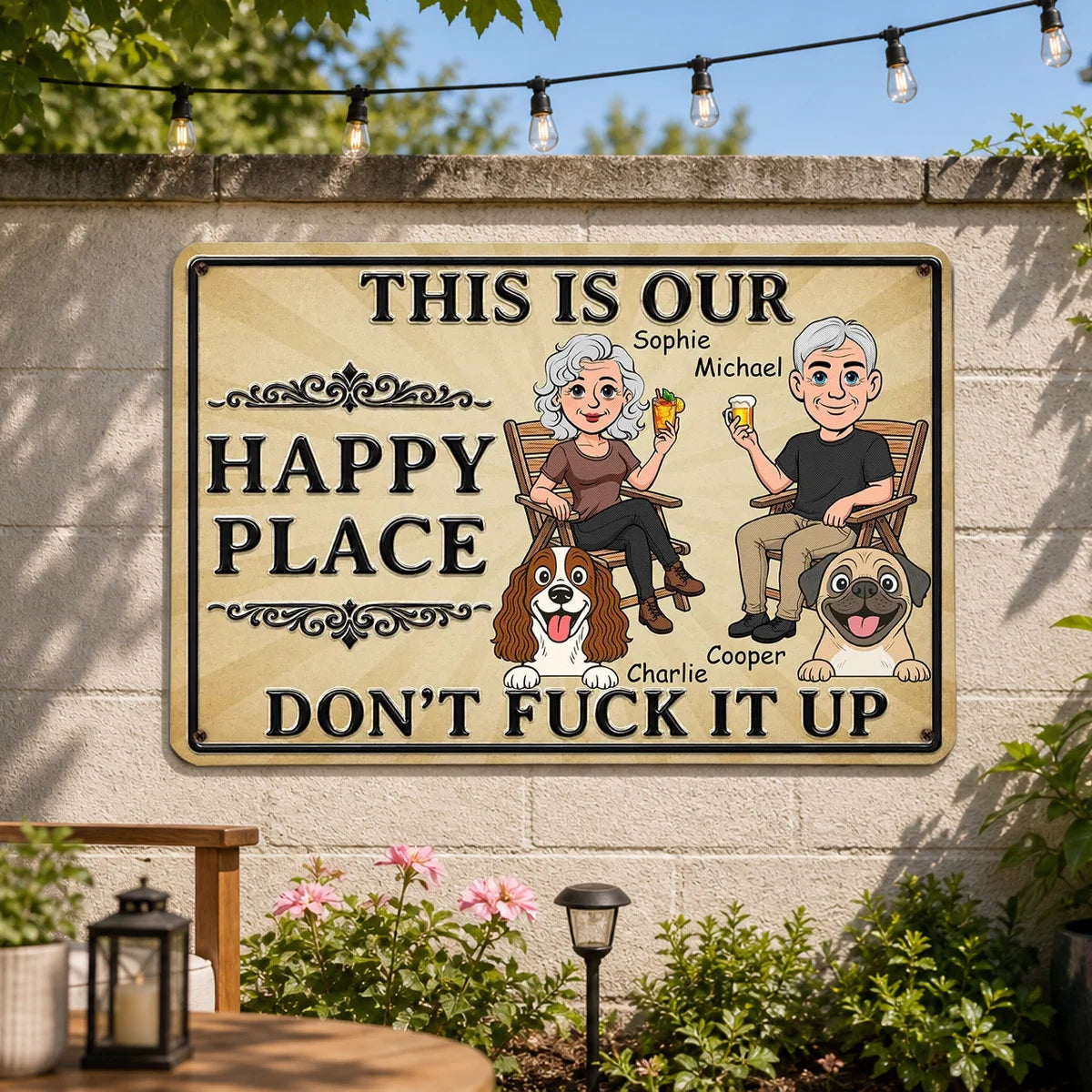 Personalized Rectangular Iron Sign, Rustic Beige Cartoon of a Couple Sitting with Dogs, Unique Gift for Dog Lovers