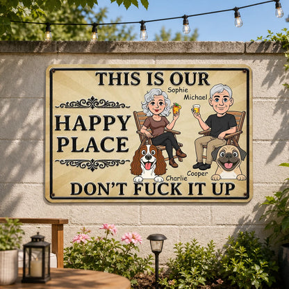 Personalized Rectangular Iron Sign, Rustic Beige Cartoon of a Couple Sitting with Dogs, Unique Gift for Dog Lovers