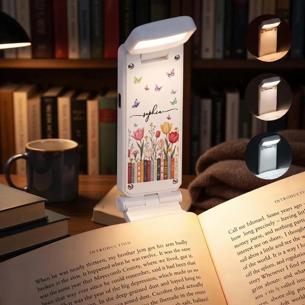 Personalized Clip On Reading Light, Warm Floral Design for Cozy Night Reading, Unique Gift for Book Lovers