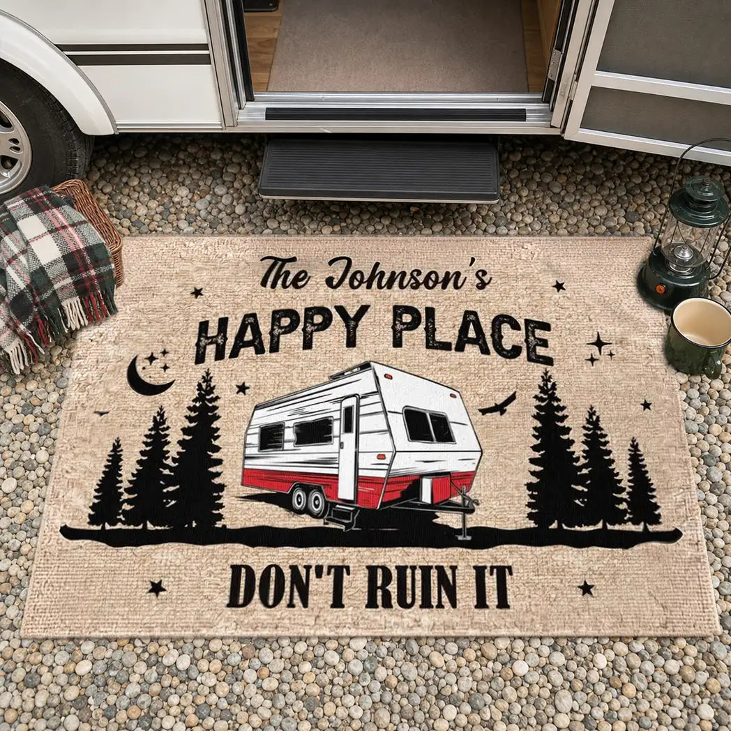 Personalized Doormat with Camper & Pine Forest, Happy Place Entryway, Unique Gift for Campers