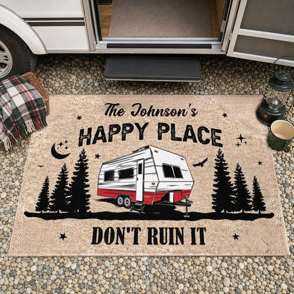 Personalized Doormat with Camper & Pine Forest, Happy Place Entryway, Unique Gift for Campers