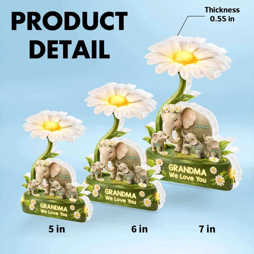Shaped Acrylic Block Plaque for Grandma Elephant Family Under Daisy Warm Floral Decor Unique Creative Gift