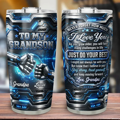 Insulated Travel Tumbler, Unique Personalized Grandson Gift with Futuristic Robot Fist Bump Art