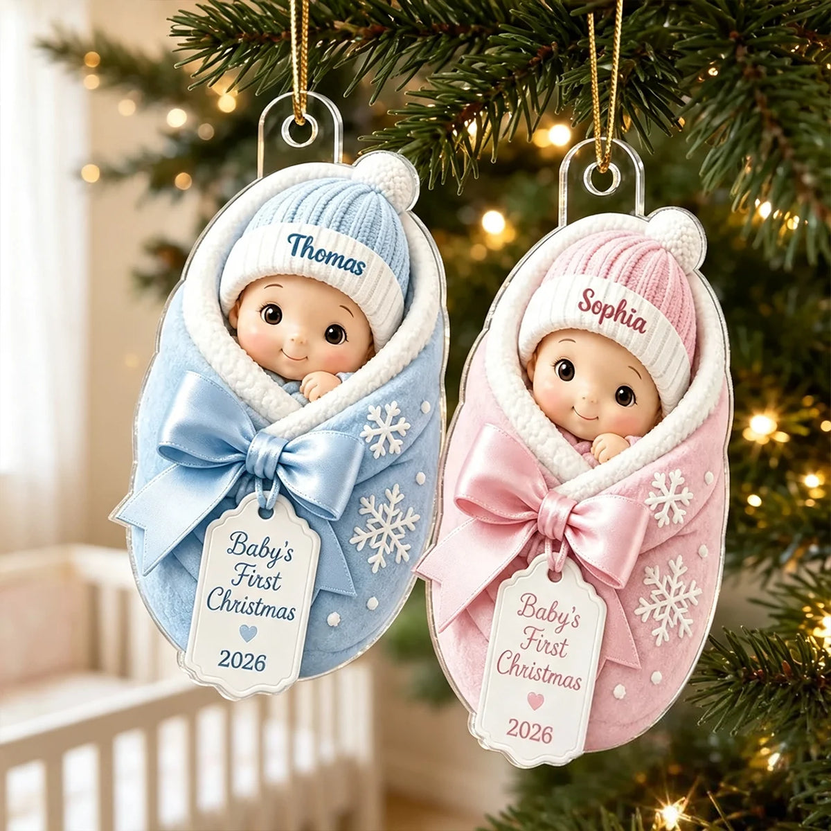 Personalized Acrylic Ornament, Baby's First Christmas Swaddle Keepsake, Unique Gift for New Parents