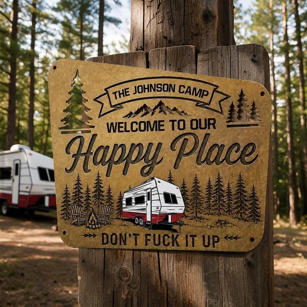 Personalized Shaped Metal Sign, Camper in a Pine Forest Campsite, Unique Gift for RV Owners