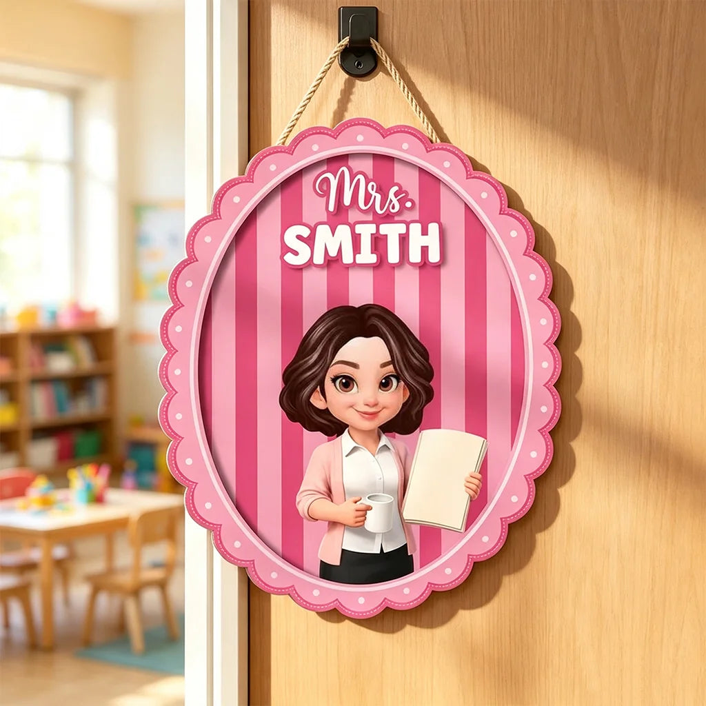 Personalized Wooden Sign for Teacher, Pink Cartoon Classroom Door Decor, Creative Gift for Back to School