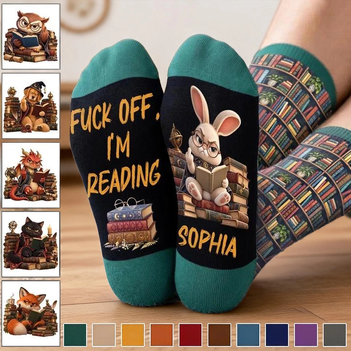 Personalized Crew Socks with Reading Bunny and Stacked Books, Teal Illustrated Design, Unique Gift for Book Lovers