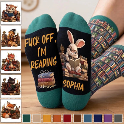 Personalized Crew Socks with Reading Bunny and Stacked Books, Teal Illustrated Design, Unique Gift for Book Lovers