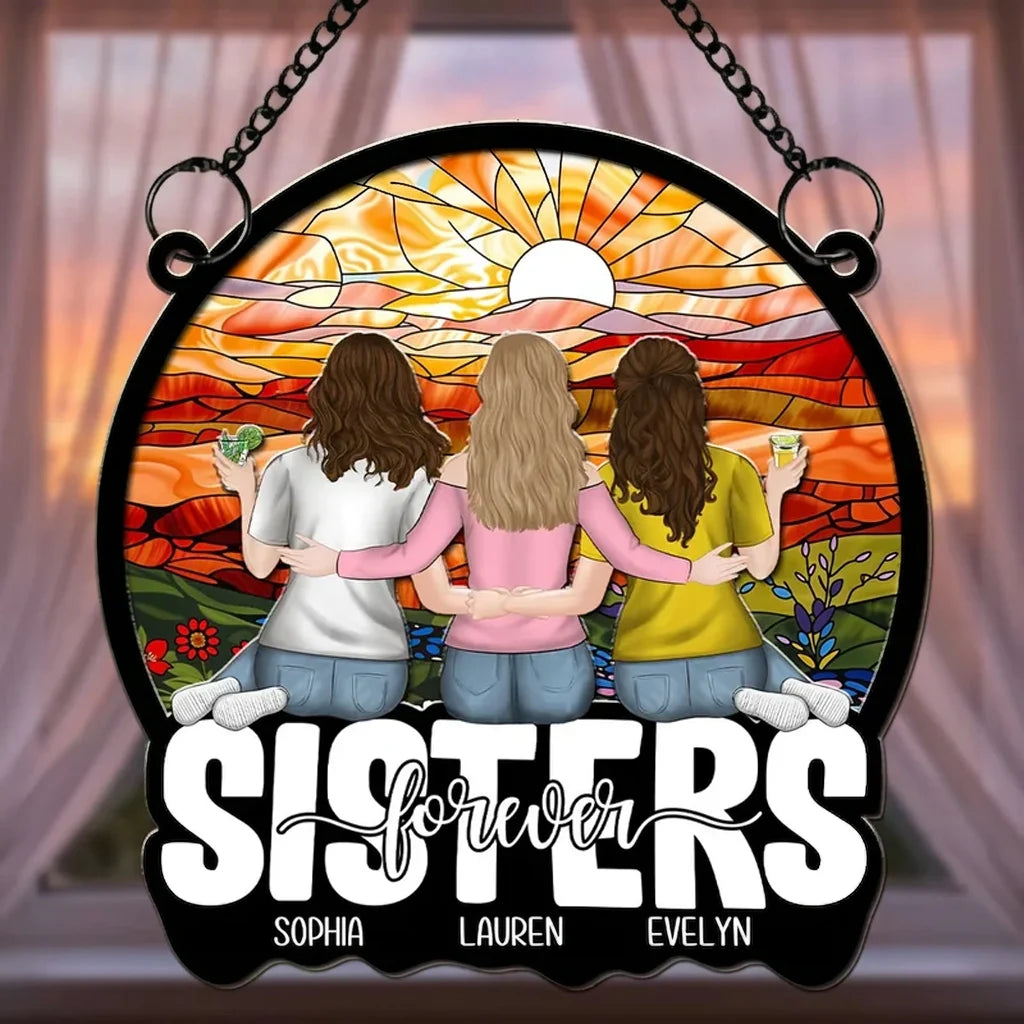 Personalized Wood and Acrylic Layered Ornament, Sisters Embracing at Sunset, Unique Gift for Sister