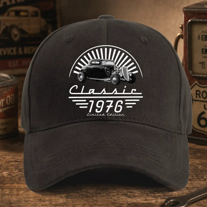 Personalized Washed Denim Baseball Cap With Retro Hot Rod & Sunburst Art, Unique Gift for Car Lovers