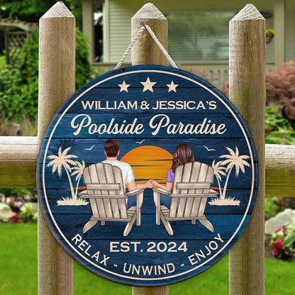 Relaxing Poolside Paradise Decor with Optional Flag Background Couple Sitting Personalized Flag, Sign, Vase - Perfect for Garden, Housewarming, Birthday, Anniversary Gift for Him, Her