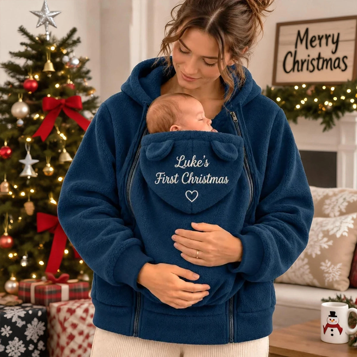 Personalized Embroidered Babywearing Hoodie, Mother Carrying Baby at Christmas, Unique Gift for New Mom