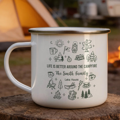 Personalized Enamel Mug, Campfire Family Lake House Line Art, Unique Creative Gift for Campers