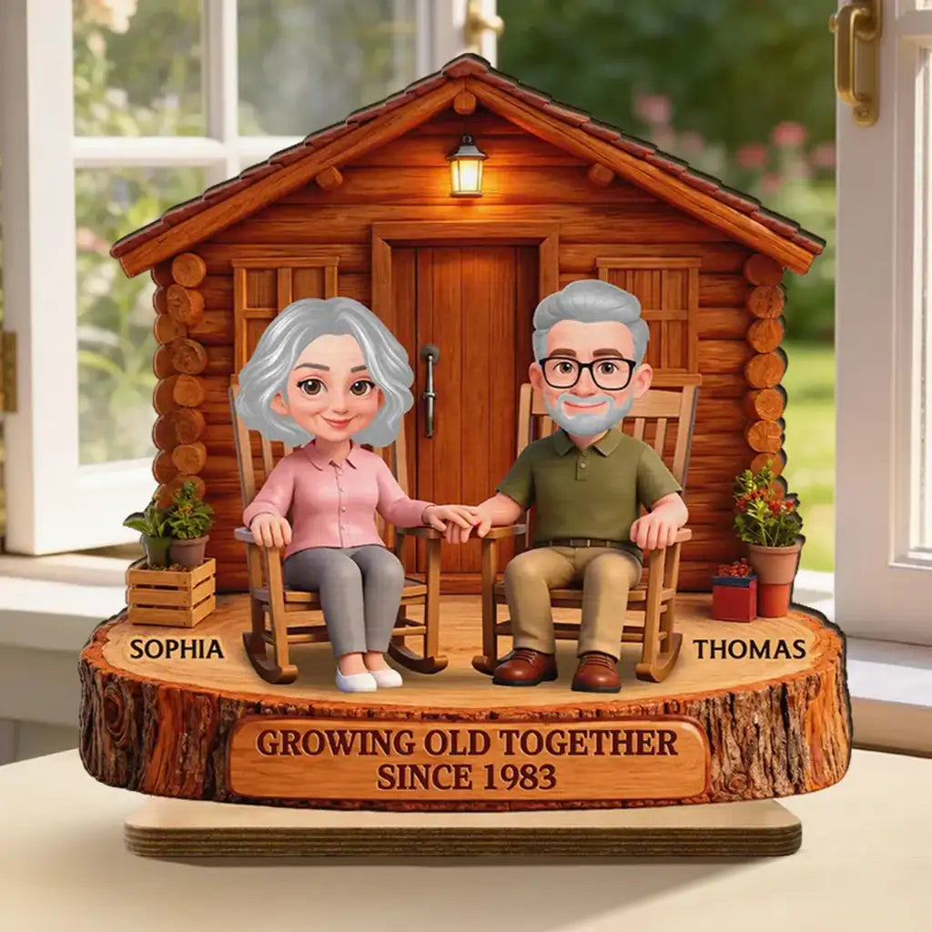 Growing Old Together 2-Layer Wooden Plaque, Couple Holding Hands at Cabin, Creative Anniversary Gift