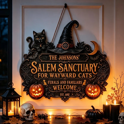 Personalized Wooden Sign with Vampire Cat, Witch Hat & Glowing Pumpkins, Unique Halloween Gift for Cat Lovers
