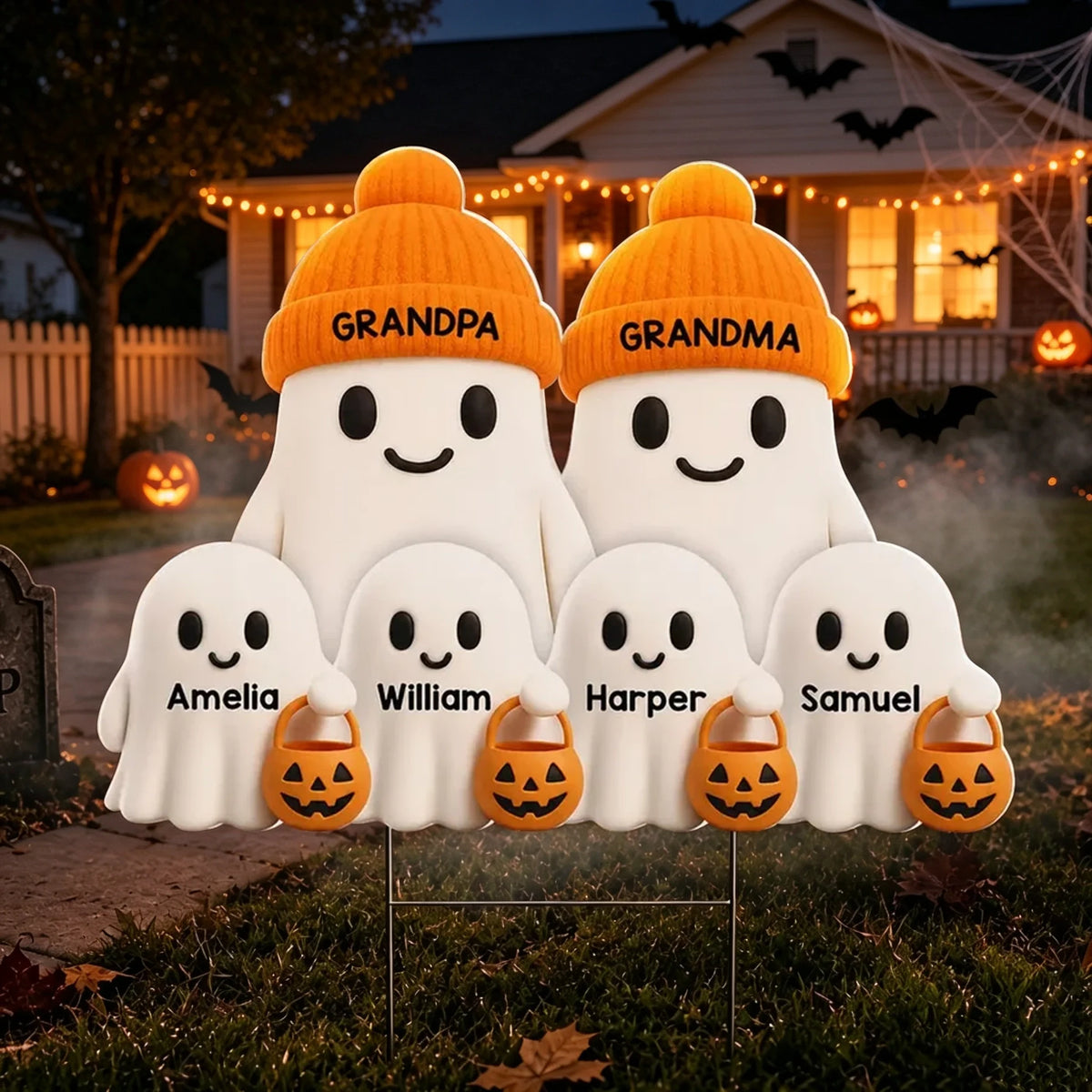 Personalized Shaped Yard Sign, Cute Ghost Family Trick-or-Treating Decor, Unique Halloween Gift for Grandparents